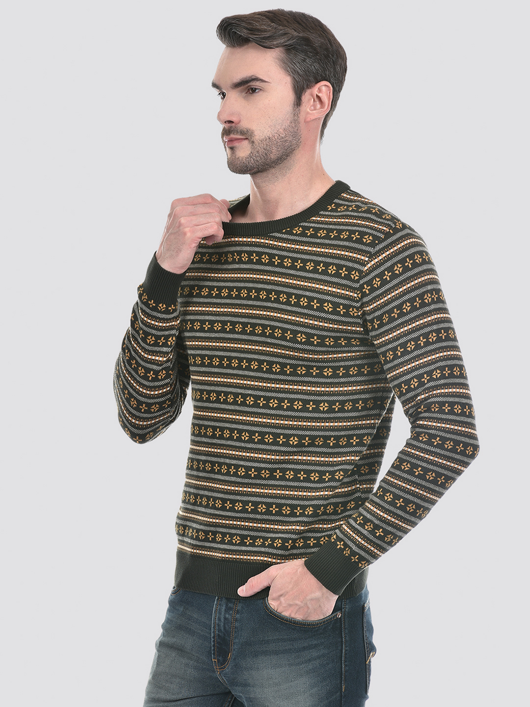 Numero Uno Men Green Striper Round Neck Flat Knitted Sweater